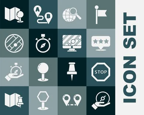 Set Compass, Stop sign, Map pointer with star, Magnifying glass globe, Folded Illustrazione stock