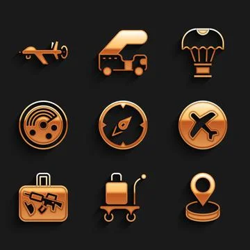 Set Compass, Trolley baggage, Location, Plane, Suitcase, Radar with targets Stock Illustration