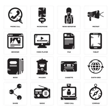 Set of Compass, Video call, Share, Cassette, Book, File, Browser, News report Free Stock Illustration