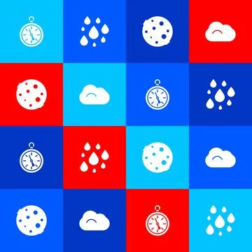 Set Compass, Water drop, Moon and Cloud icon. Vector 스톡 일러스트