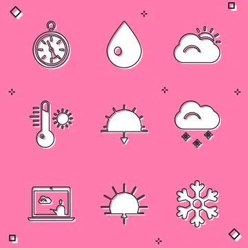 Set Compass, Water drop, Sun and cloud, Meteorology thermometer, Sunset, Cl.. Stock Illustration