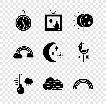 Set Compass, Weather forecast, Eclipse of sun, Meteorology thermometer, Fog.. Ilustração Stock