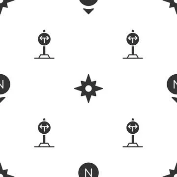 Set Compass, Wind rose and Fork the road on seamless pattern. Vector Illustrazione stock