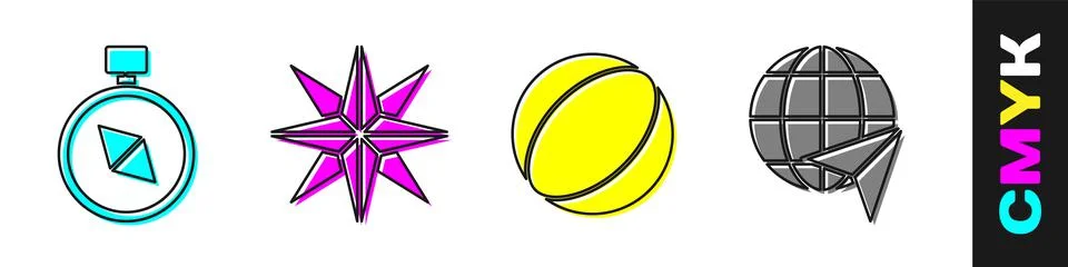 Set Compass, Wind rose, Beach ball and Globe with flying plane icon. Vector Stock Illustration