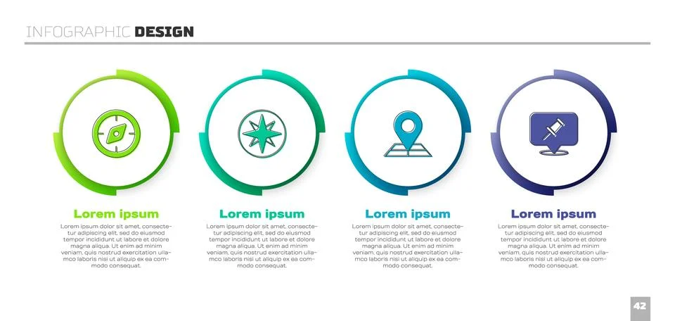 Set Compass, Wind rose, Folded map with location marker and Push pin. Business Stock Illustration