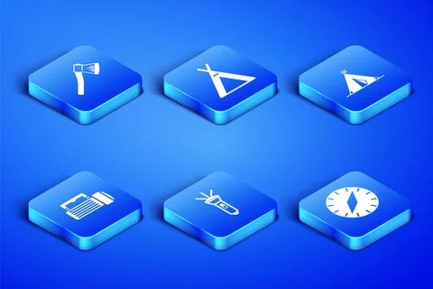 Set Compass, Wooden axe, Flashlight, Tourist tent and with flag icon. Vector Stock Illustration
