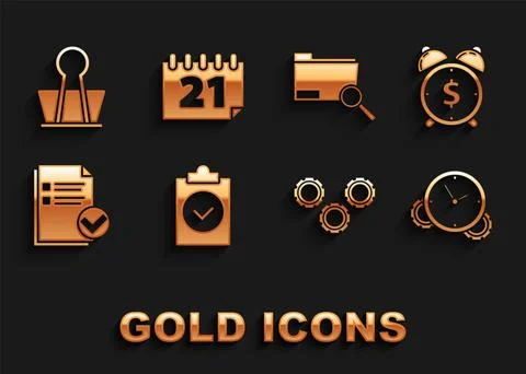 Set Completed task, Alarm clock with dollar symbol, Time Management, Gear, .. Stock Illustration