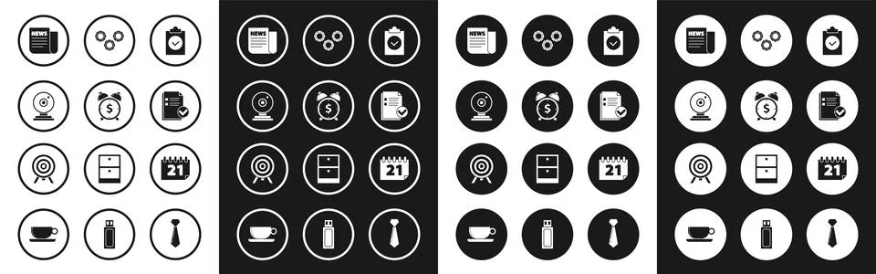 Set Completed task, Alarm clock with dollar symbol, Web camera, News, Docum.. Stock Illustration