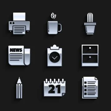 Set Completed task, Calendar, File document, Archive papers drawer, Pencil, News Stock Illustration