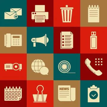 Set Completed task, Telephone handset, USB flash drive, Trash can, Megaphone Stock Illustration