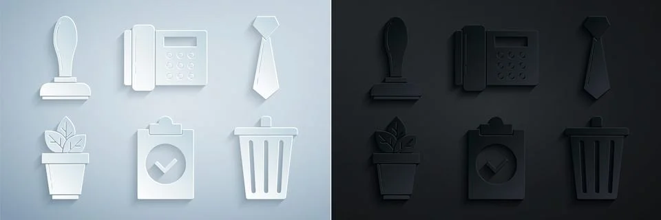 Set Completed task, Tie, Flowers in pot, Trash can, Telephone and Stamp icon Stock Illustration