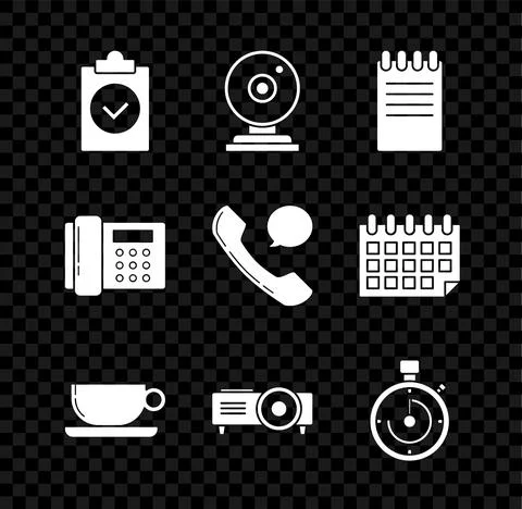 Set Completed task, Web camera, Notebook, Coffee cup flat, Presentation, movie Illustrazione stock