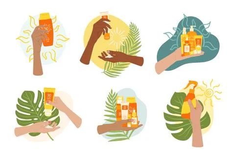 Set of composition of female hands hold sunscreen lotion, cream, spray with.. Stock Illustration
