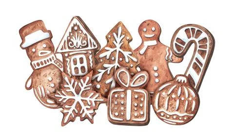 Set, composition of Gingerbread man, stars, house, snowman, cone,snowflake Stock Illustration
