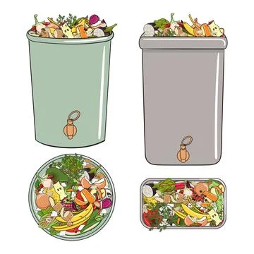 Set of composting bins with kitchen scraps, fruits and vegetables. No food wa Stock Illustration