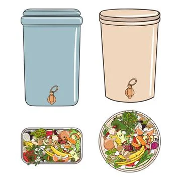 Set of composting bins with kitchen scraps, fruits and vegetables. No food wa Stock Illustration