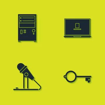 Set Computer, Ancient key for game, Microphone and Laptop icon. Vector Stock Illustration