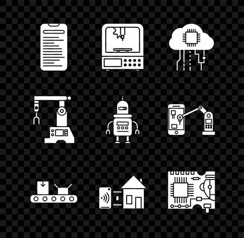 Set Computer api interface, 3D printer, Internet of things, Conveyor belt with イラスト素材
