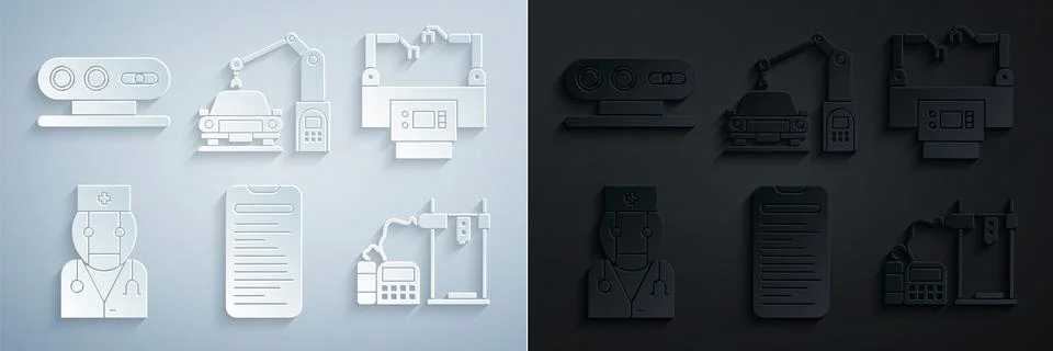 Set Computer api interface, Assembly line, Robot doctor, 3D printer, Industrial Illustrazione stock