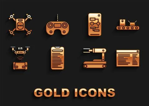 Set Computer api interface, Conveyor belt with cardboard box, Software, web.. Stock Illustration