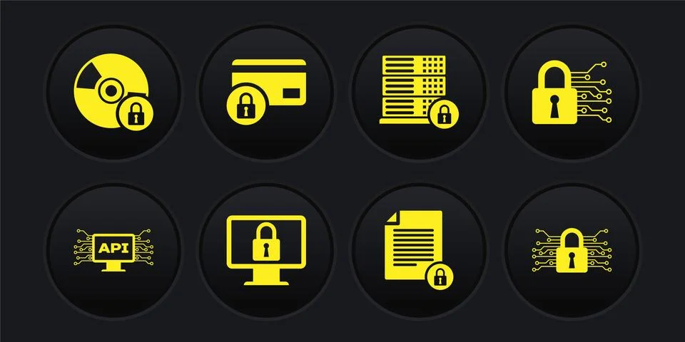 Set Computer api interface, Cyber security, Lock on monitor, Document and lock Illustrazione stock