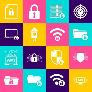 Set Computer api interface, Cyber security, Folder and lock, Server with, Retro Stock Illustration