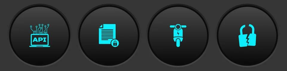Set Computer api interface, Document and lock, Electric scooter and Broken or Illustrazione stock
