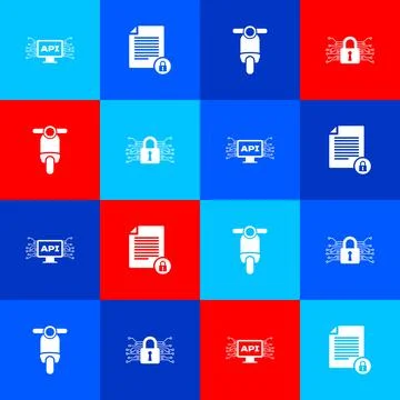 Set Computer api interface, Document and lock, Scooter and Cyber security ico イラスト素材