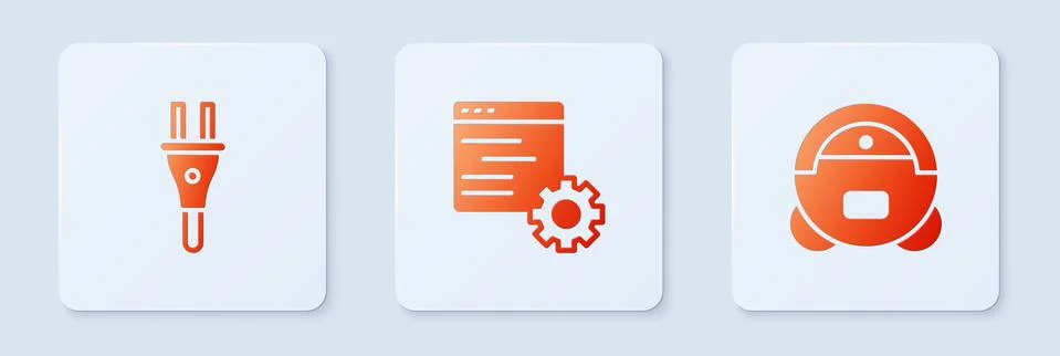 Set Computer api interface, Electric plug and Robot vacuum cleaner. White square Stock Illustration