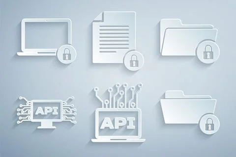 Set Computer api interface, Folder and lock, , , Document and Laptop icon Illustrazione stock