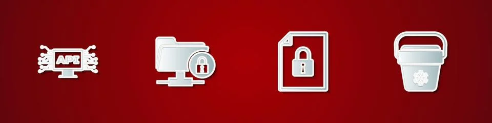 Set Computer api interface, FTP folder and lock, Document and Cooler bag icon Stock Illustration