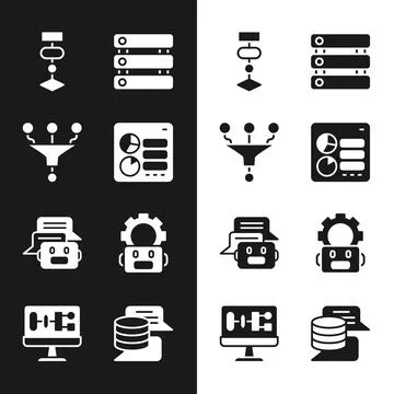 Set Computer api interface, Funnel or filter, Algorithm, Server, Data, Chat bot 스톡 일러스트