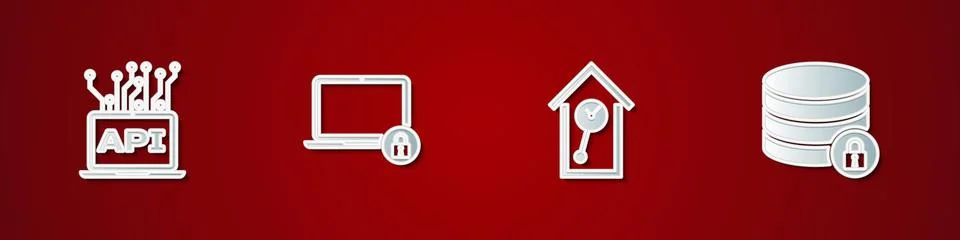 Set Computer api interface, Laptop and lock, Retro wall watch and Server Illustrazione stock