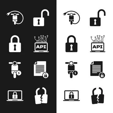 Set Computer api interface, Lock, Electric scooter, Open padlock, and Document Stock Illustration