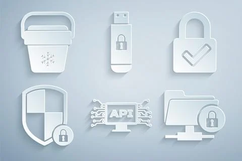Set Computer api interface, Lock and check mark, Shield security with lock,.. Stockillustratie