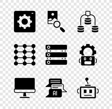 Set Computer api interface, Photo retouching, Server, Data, monitor, Chat bot Stock Illustration