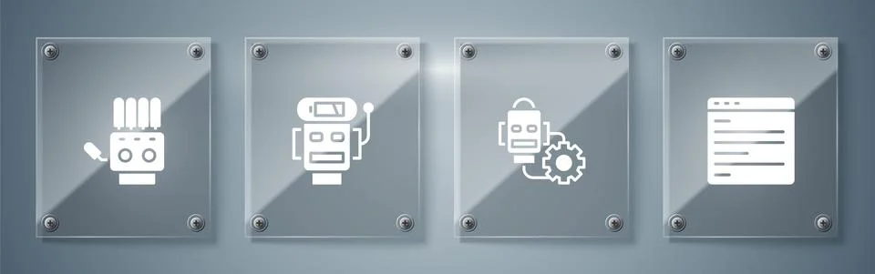 Set Computer api interface, Robot setting, low battery charge and Mechanical Illustrazione stock