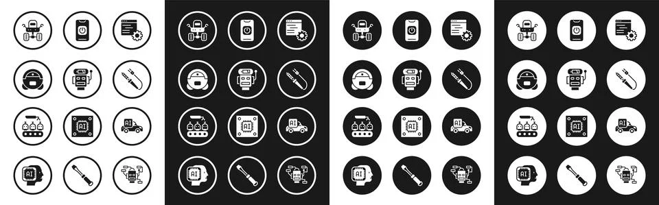 Set Computer api interface, Robot low battery charge, vacuum cleaner, Mars rover Illustrazione stock