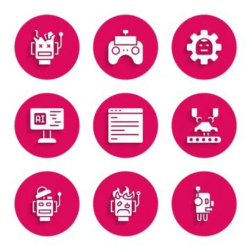 Set Computer api interface, Robot burned out, Robotic robot arm on factory 库存插图