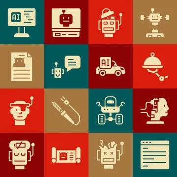 Set Computer api interface, Robot for maintenance, Waiter robot, Bot, Technical Stock Illustration