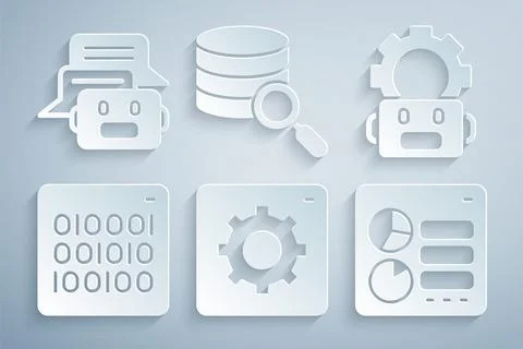 Set Computer api interface, Robot setting, Binary code, Server and Chat icon Illustrazione stock