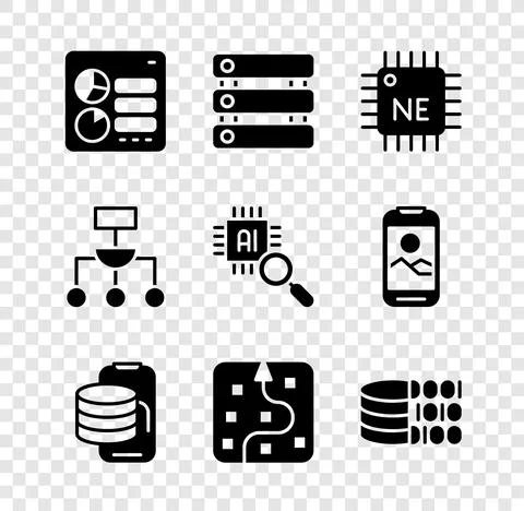 Set Computer api interface, Server, Data, Processor CPU, Cloud technology data Illustrazione stock
