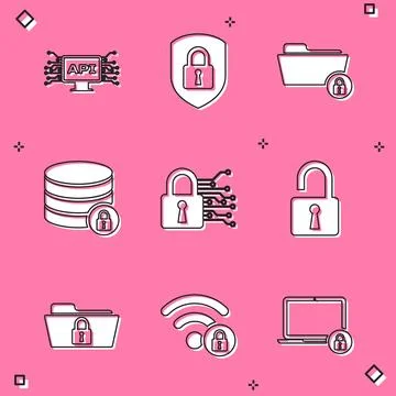 Set Computer api interface, Shield security with lock, Folder and, Server, Cyber イラスト素材