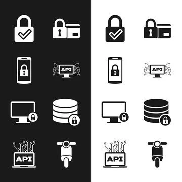 Set Computer api interface, Smartphone with lock, Lock and check mark, Credit Stock Illustration
