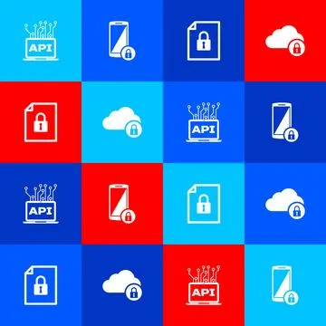 Set Computer api interface, Smartphone with lock, Document and and Cloud comp Illustrazione stock