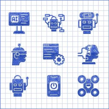 Set Computer api interface, Turn off robot from phone, Drone, Robot for Illustrazione stock