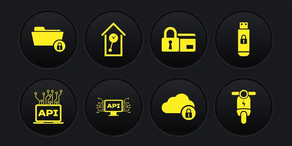 Set Computer api interface, USB flash drive with lock, , Cloud computing, Credit Stock Illustration