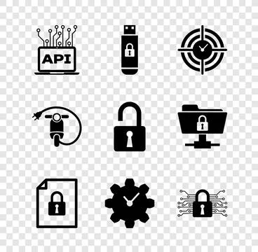 Set Computer api interface, USB flash drive with lock, Time Management, Document Illustrazione stock