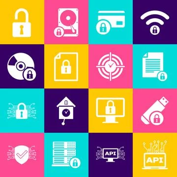 Set Computer api interface, USB flash drive with lock, Document and, Credit card Stock Illustration