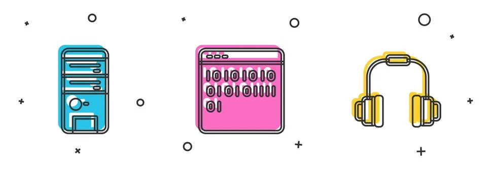 Set Computer, Binary code and Headphones icon. Vector Stock Illustration